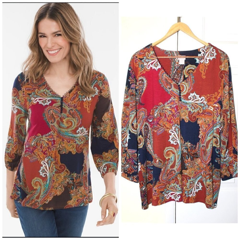 Chicos Paisley Boho Women Top Size 3/XL Button Front Blouse 3/4 Sleeves